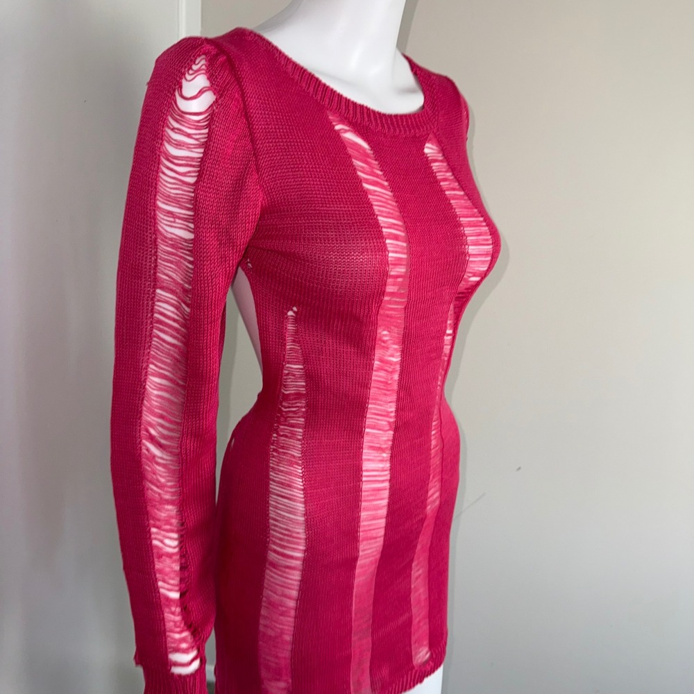 Micas Hot Pink‎ Mini Distressed Cut Out Long Sleeve Party Slinky Dress Size M